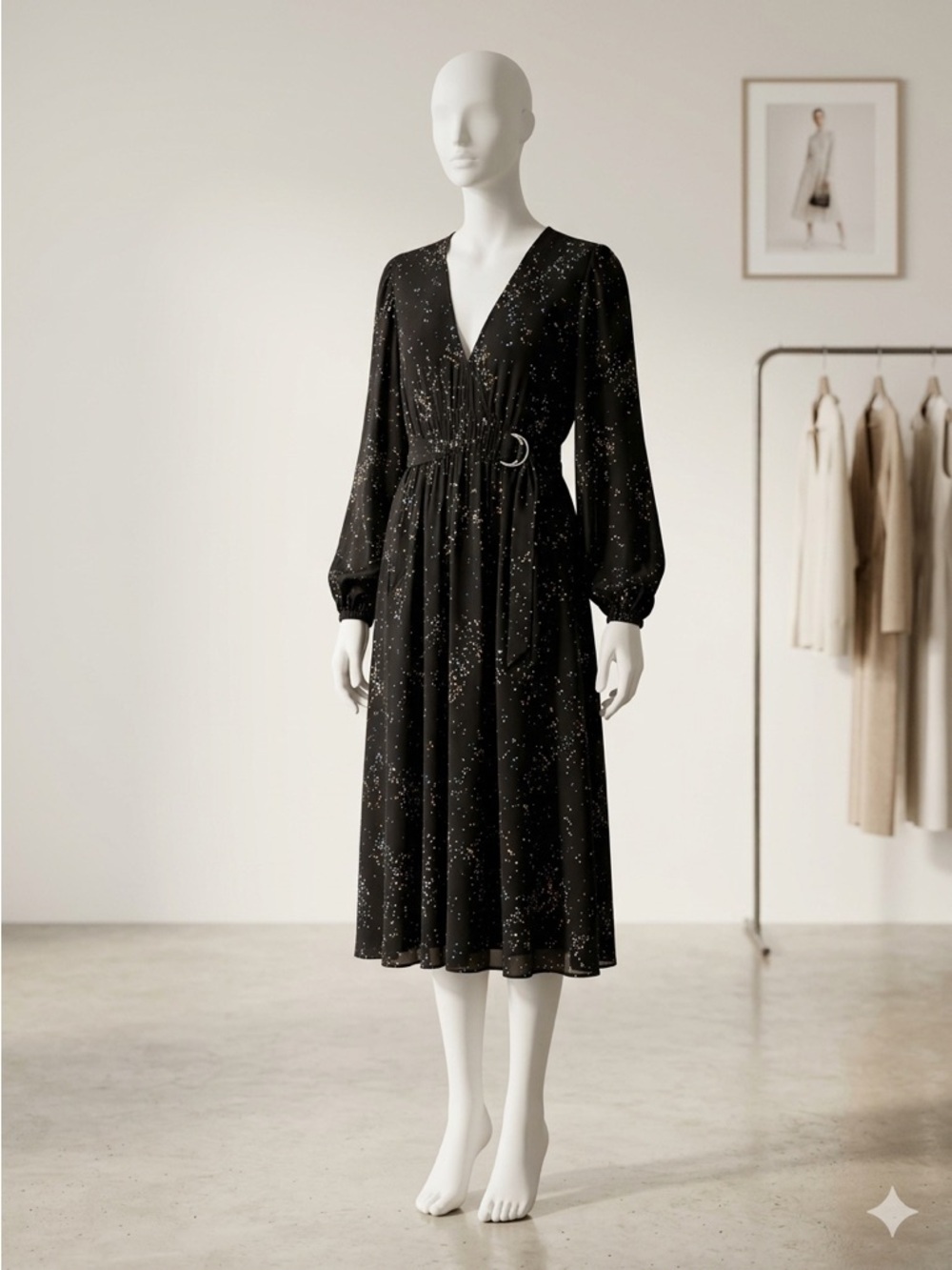 A.L.C Samantha Midi Black Dress with Multicolor Speckles, long Sleeve, 100% silk - Picture 16 of 16